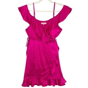 NIGHTCAP CLOTHING 100% Silk Ruffle Cold Shoulder Wrap Mini Dress Sz S Fuchsia